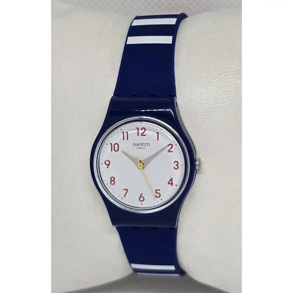 Women's Swatch Swiss Round White Dial Blue White Blue Red Rubber Strap Watch 04 - Picture 2 of 8